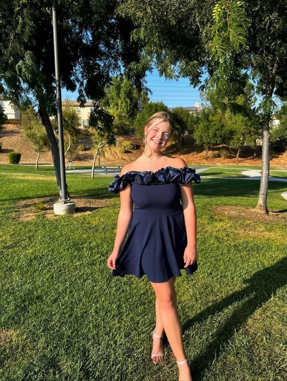 B Darlin Navy Off-Shoulder Ruffle Skater Dress